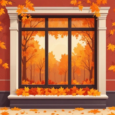 Autumn leaves framing a cozy window view