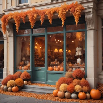 Autumn display in a boutique with pumpkins and foliage