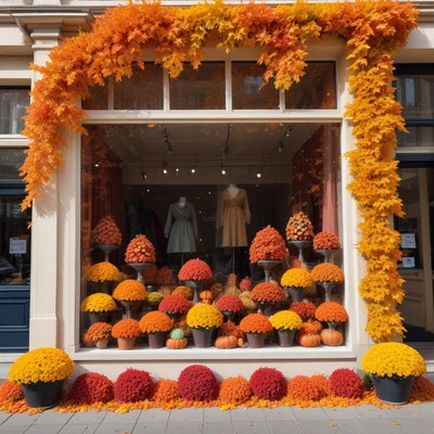 Fall display of pumpkins and mums in urban window