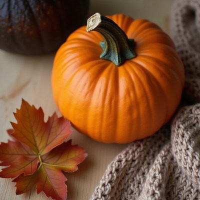Vibrant orange pumpkin with autumn leaves and cozy fabric