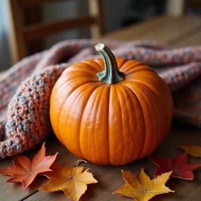 Bright orange pumpkin surrounded by autumn leaves