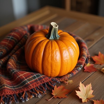 Autumn pumpkin on a rustic table with cozy blanket