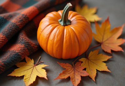 Bright orange pumpkin surrounded by fall leaves and fabric