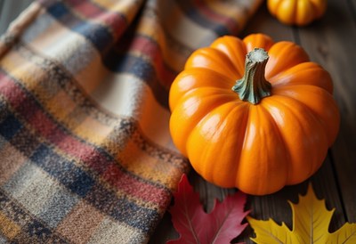 Bright orange pumpkin with autumn leaves and plaid fabric