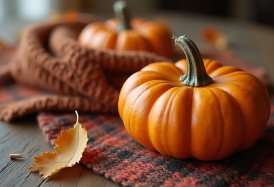 Autumn pumpkins on a rustic table with warm decor