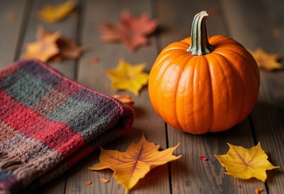 Pumpkin and autumn leaves on wooden table