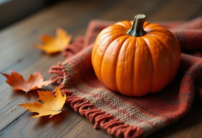 Autumn pumpkin lying on a cozy blanket with leaves