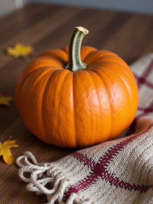 Bright orange pumpkin on a woven blanket in autumn setting