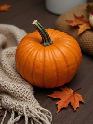 Bright orange pumpkin with autumn leaves on a wooden table