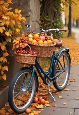 Colorful bicycle with fruit in autumn setting on sidewalk