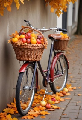 Bicycle with baskets of autumn fruits on the street