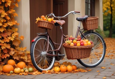 Vintage bicycle adorned with autumn fruits in a quiet street