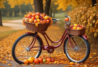 Bicycle with baskets full of pumpkins in autumn park