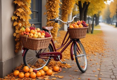 Bicycle with fruit baskets beside autumn leaves
