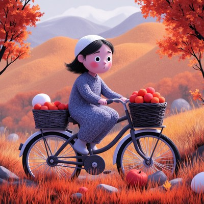 Girl cycling through autumn landscape with fruit baskets