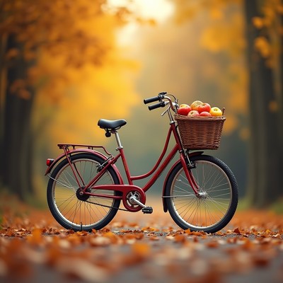 Red bicycle with apple basket on autumn path