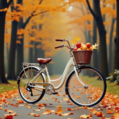 Bicycle parked on autumn path lined with fallen leaves
