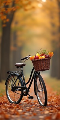 Bike with basket on autumn leaf-covered path