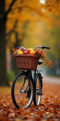Bicycle with a basket full of fruits in autumn park