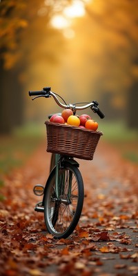 Bicycle with a basket of apples in autumn path