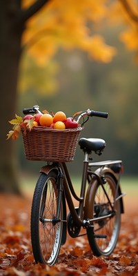 Bike with a basket of fresh fruit in autumn park