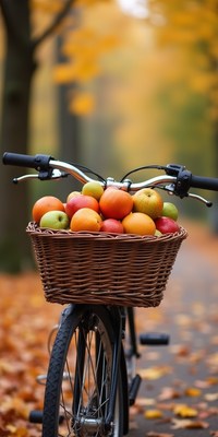 Bicycle with fruit basket on autumn path in park