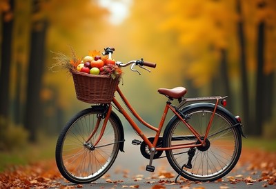 Autumn bike with basket full of fresh fruits on path