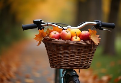 Bicycle with apples in a fall park pathway