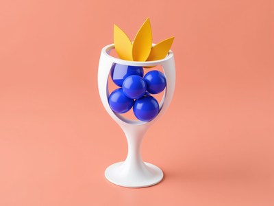 Colorful glass with blue spheres and yellow leaves