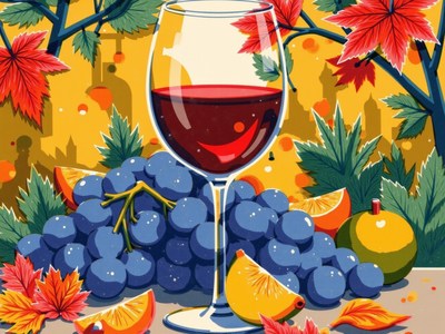 Vibrant still life featuring red wine and fruits