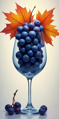 Grapes in a glass with autumn leaves on display