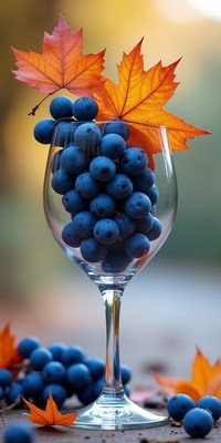 Fresh blueberries and autumn leaves in a glass