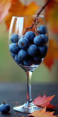 Colorful grapes in a glass with autumn leaves backdrop