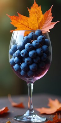 Blueberries in a glass with autumn leaves indoors