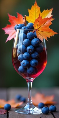 Colorful autumn drink with blueberries and leaves