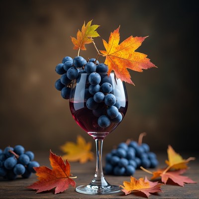 Grapes and autumn leaves create a cozy table setting
