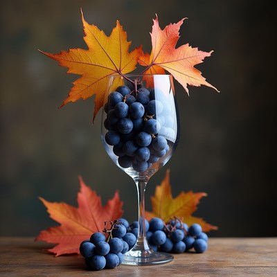 Grapes and autumn leaves in a decorative glass arrangement