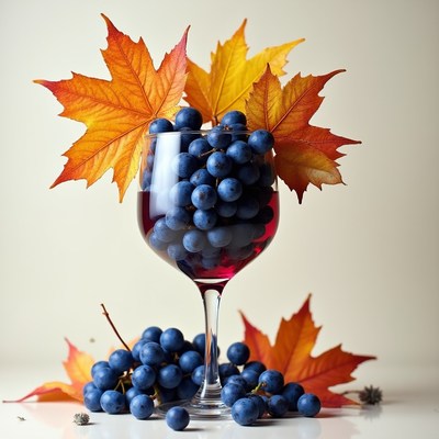 Glass of red grapes with autumn leaves on display
