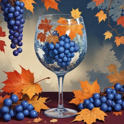 Grapes and autumn leaves in decorative glass display