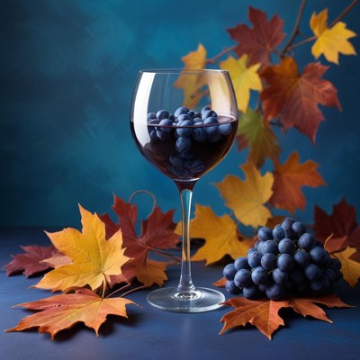 Elegant wine glass with grapes and autumn leaves