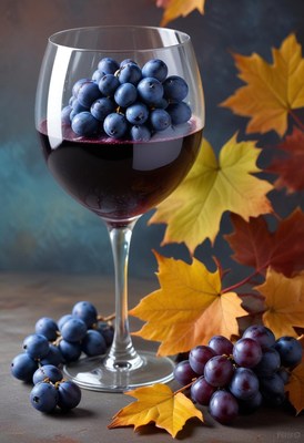 Delicious red wine garnished with fresh grapes and leaves