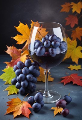 Grapes in a glass surrounded by autumn leaves