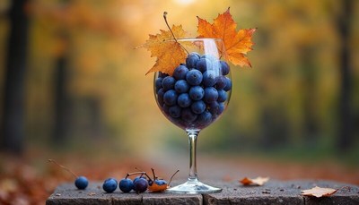 Fresh blueberries in a glass with autumn leaves