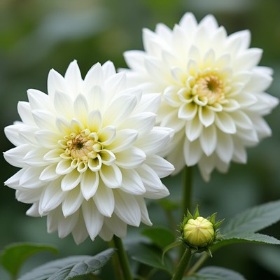 White dahlias bloom beautifully in a garden setting