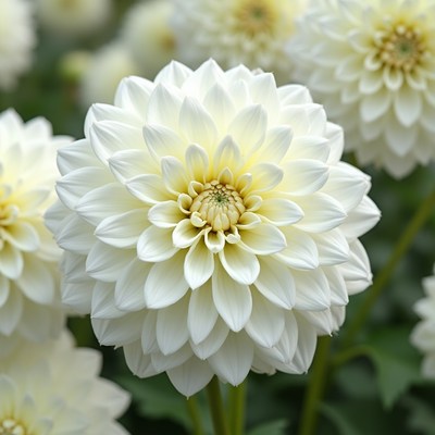 White dahlia blooms in a garden during summer season