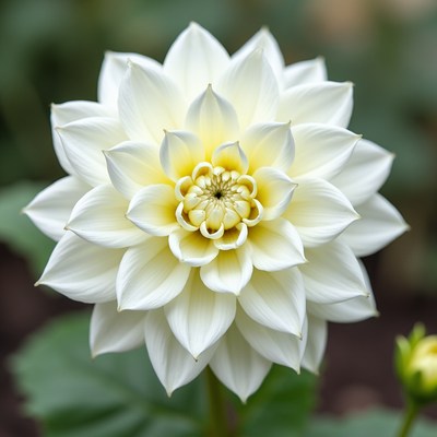 White dahlia blooming in a lush garden setting