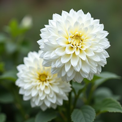 Bright white dahlias bloom in a serene garden setting