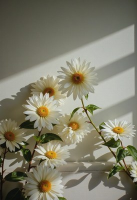 Daisies basking in sunlight on a beige wall