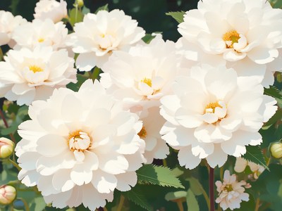 White peony blossoms blooming in a sunny garden