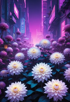 Urban garden blooms at twilight in neon city alley